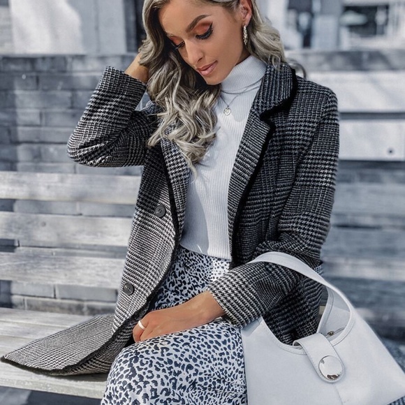 black button plaid trench fall pea coat jacket - Picture 5 of 7